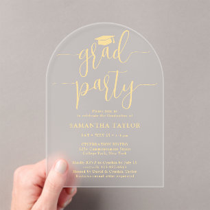 Modern Trendy Gold Script Afstudeerder Party Doors Acryl Uitnodigingen