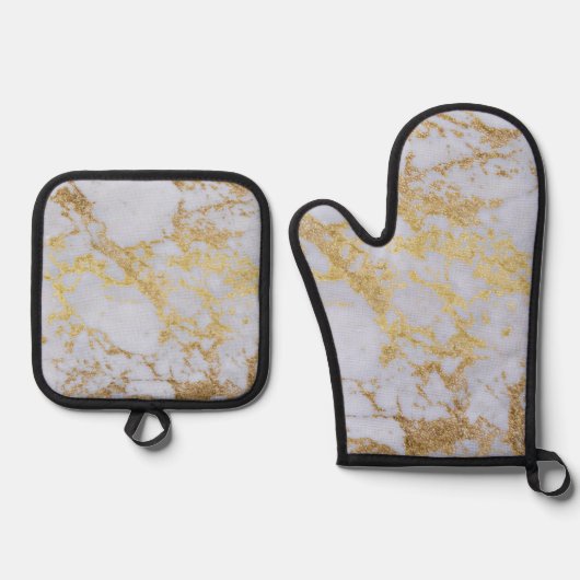 Modern Trendy Goud Glitter Marmer Ovenwant & Pannenlap Set (Voorkant)