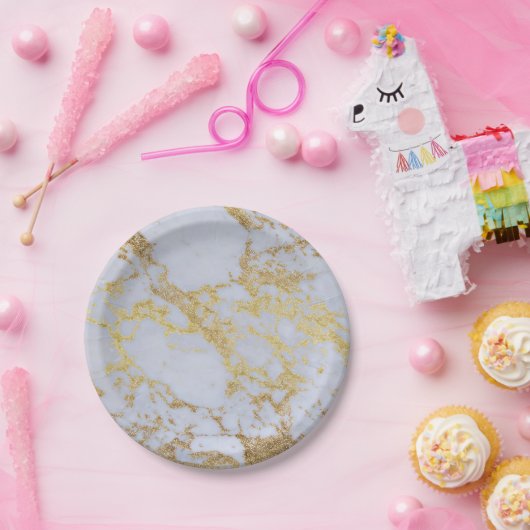 Modern Trendy Goud Glitter Marmer Papieren Bordje (Feest)