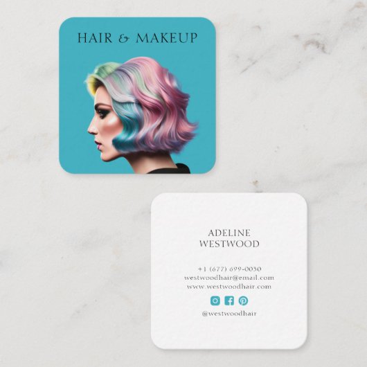 Modern Trendy Haar en Make-up Artiest Blauw Vierkante Visitekaartje (Voorkant / Achterkant)
