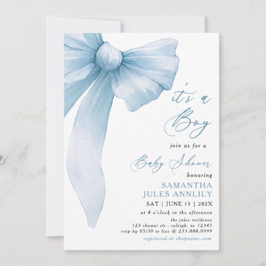 Modern trendy is een Boy Blue Bow Baby shower Kaart (Voorkant)