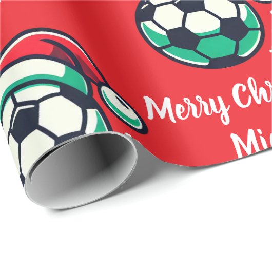 Modern trendy kerst Voetbal met Santa Hat Cadeaupapier (Rol Hoek)