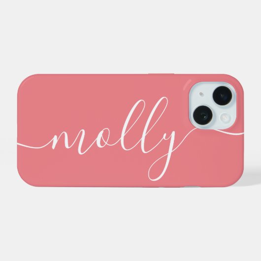 Modern trendy koraal roze kalligrafie scriptnaam iPhone 15 case (Achterkant horizontaal)
