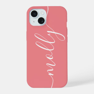 Modern trendy koraal roze kalligrafie scriptnaam iPhone 15 case