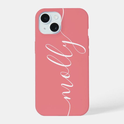 Modern trendy koraal roze kalligrafie scriptnaam iPhone 15 case (Achterkant)