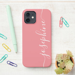 Modern trendy koraal roze kalligrafie scriptnaam iPhone 12 hoesje