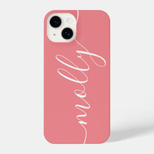 Modern trendy koraal roze kalligrafie scriptnaam iPhone 14 hoesje