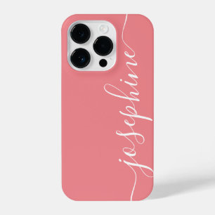 Modern trendy koraal roze kalligrafie scriptnaam iPhone 14 plus hoesje