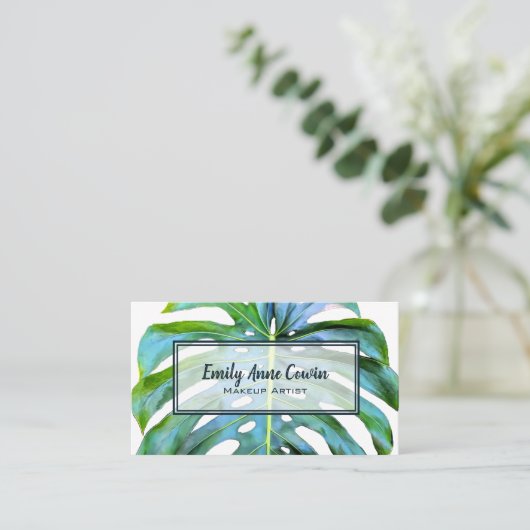Modern Trendy Makeup Artist Tropical Leaf Greenery Visitekaartje (Staand voorkant)