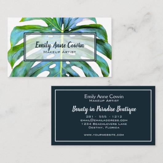 Modern Trendy Makeup Artist Tropical Leaf Greenery Visitekaartje (Voorkant / Achterkant)
