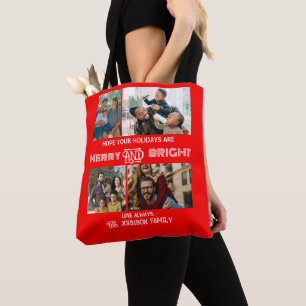 Modern trendy Merry and Bright Family Foto Tote Bag