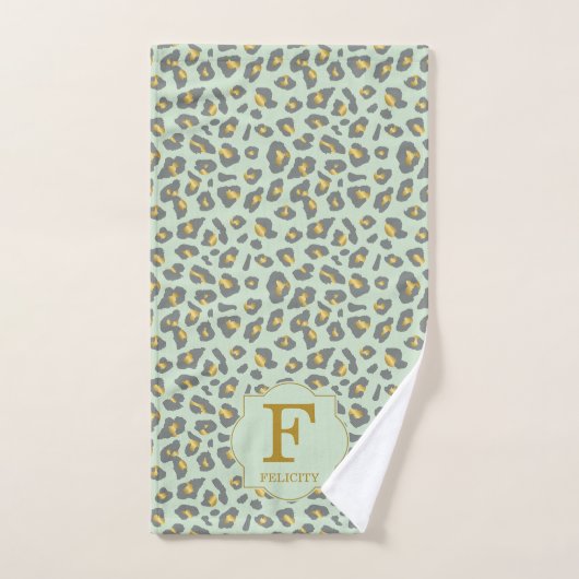 Modern Trendy Mint Gold Leopard Pattern Monogram Bad Handdoek (Handdoek)