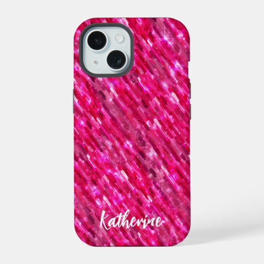 Modern trendy monogram hot pink glitter iPhone 15 case (Achterkant)