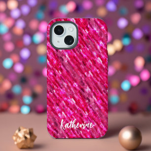 Modern trendy monogram hot pink glitter iPhone 15 case