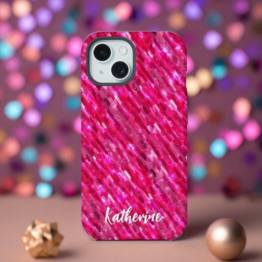 Modern trendy monogram hot pink glitter iPhone 15 case