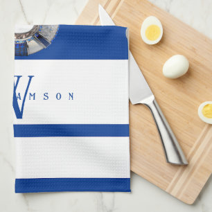 Modern Trendy Monogrammed Nautical Blue and White Theedoek