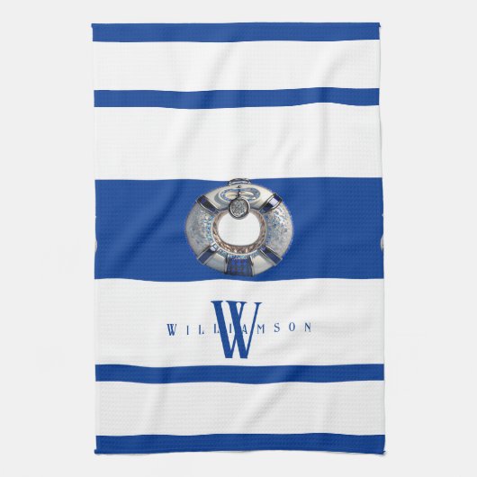 Modern Trendy Monogrammed Nautical Blue and White Theedoek (Verticaal)