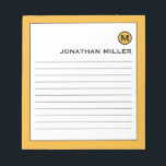 Modern Trendy Mustard Yellow Lined Notitieblok<br><div class="desc">Een modern notitieblok met een stijlvol design in een trendy heldere mosterdgele kleurenpalet. Aangepast monogram initiaal en naam op een eenvoudige witte achtergrond,  omgeven door een heldere mosterdgele rand. Pas het gebruiken van de verstrekte gebieden aan of gebruik de "bericht"knoop om de ontwerper voor hulp te contacteren.</div>
