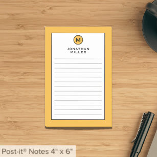 Modern Trendy Mustard Yellow Monogram Lined Post-it® Notes