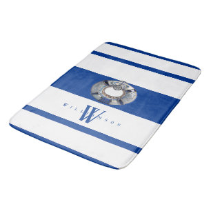Modern Trendy Nautical Blue and White Monogrammed Badmat