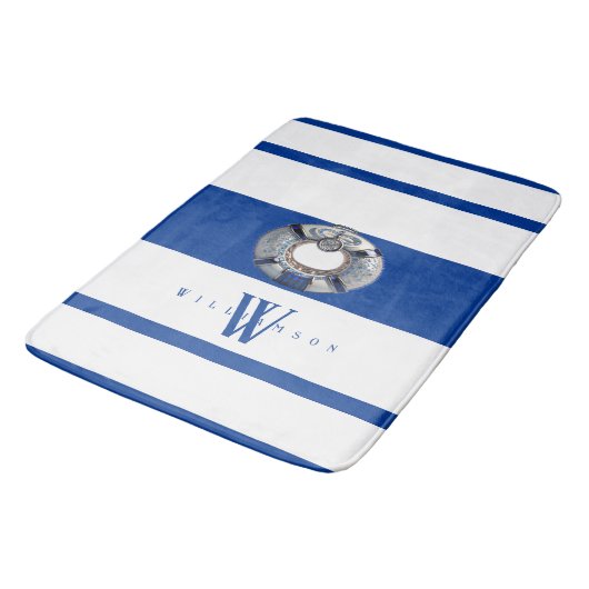 Modern Trendy Nautical Blue and White Monogrammed Badmat (Gekanteld)
