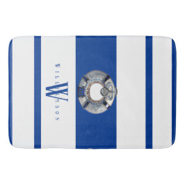 Modern Trendy Nautical Blue and White Monogrammed Badmat