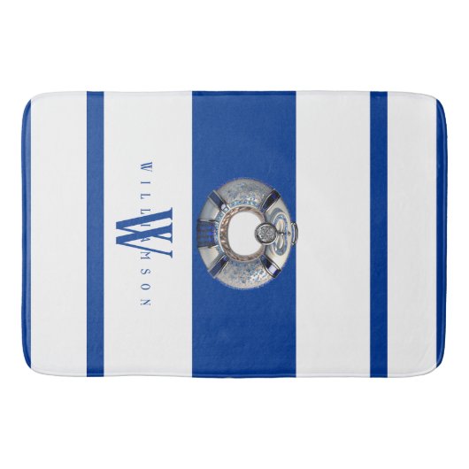 Modern Trendy Nautical Blue and White Monogrammed Badmat (Voorkant)