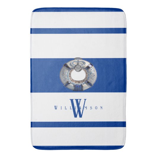 Modern Trendy Nautical Blue and White Monogrammed Badmat (Voorkant Verticaal)