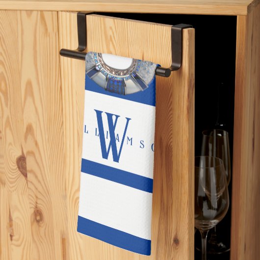 Modern Trendy Nautical Blue and White Monogrammed Theedoek (Derde Gevouwen)