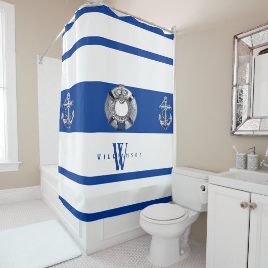 Modern Trendy Nautical Blue en White Long Douchegordijn (In situ)