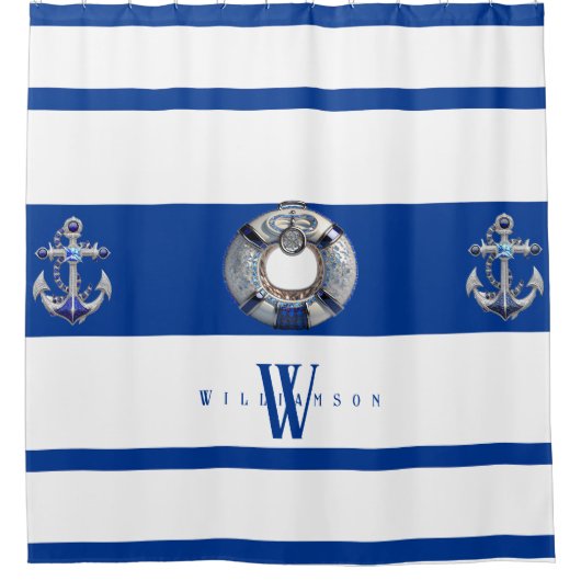 Modern Trendy Nautical Blue en White Long Douchegordijn (Voorkant)