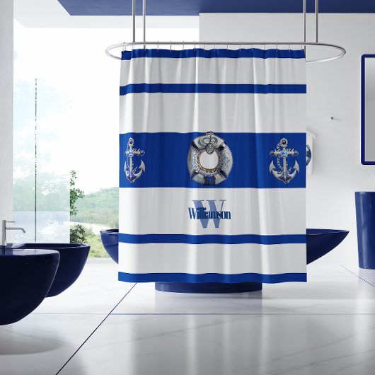 Modern Trendy Nautical Blue en White Long Douchegordijn