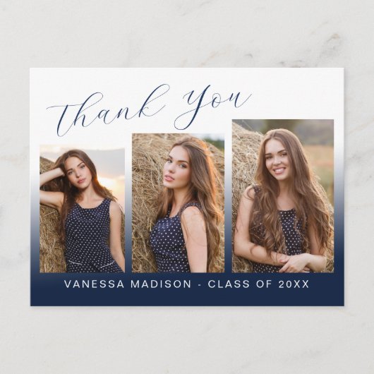 Modern Trendy Navy Blue 3 Foto Afstudeerder Dank u Briefkaart (Voorkant)