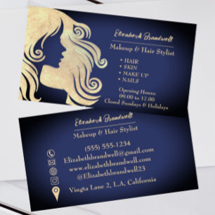Modern Trendy Navy Blue & Gold Makeup Haarstylist Visitekaartje