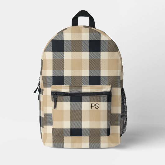 Modern Trendy Neutral Check Plaid Monogram Initiaa Bedrukte Rugzak (Voorkant)
