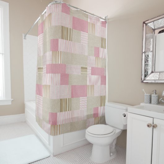 Modern Trendy Patchwork Quilt roze Beige Stripes Douchegordijn (In situ)