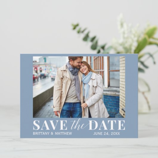 Modern Trendy Photo Dusty Blue Save The Date (Staand voorkant)