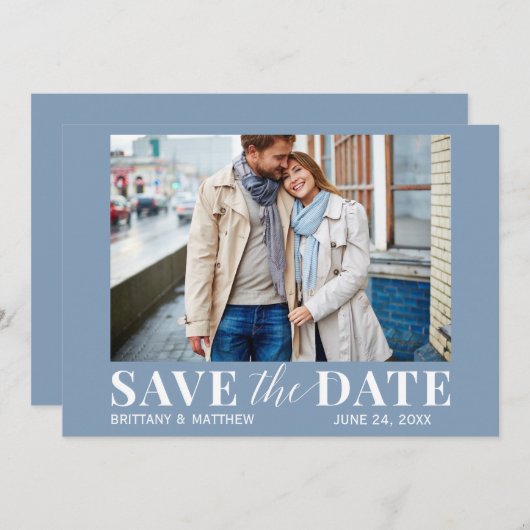 Modern Trendy Photo Dusty Blue Save The Date (Voorkant / Achterkant)