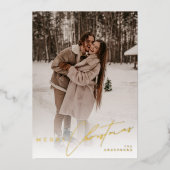 Modern Trendy Photo Elegant Script Red Christmas Folie Feestdagenkaart (Voorkant)