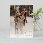 Modern Trendy Photo Elegant Script Red Christmas Folie Feestdagenkaart (Staand Voorkant)