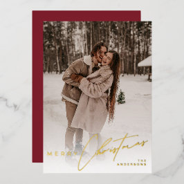 Modern Trendy Photo Elegant Script Red Christmas  Folie Feestdagenkaart