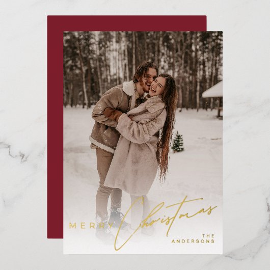 Modern Trendy Photo Elegant Script Red Christmas Folie Feestdagenkaart (Voorkant / Achterkant)