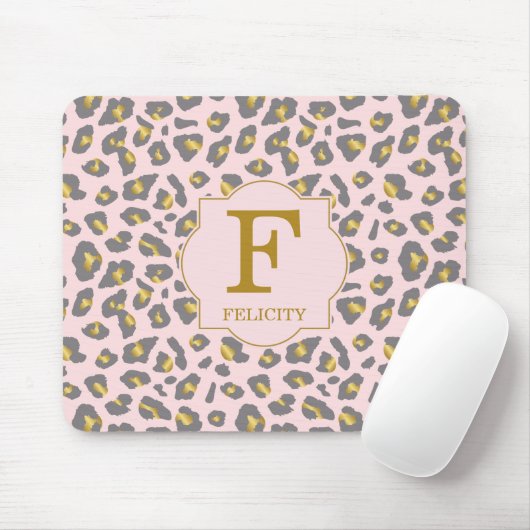 Modern Trendy Pink Gold Leopard Pattern Monogram Muismat (Met muis)