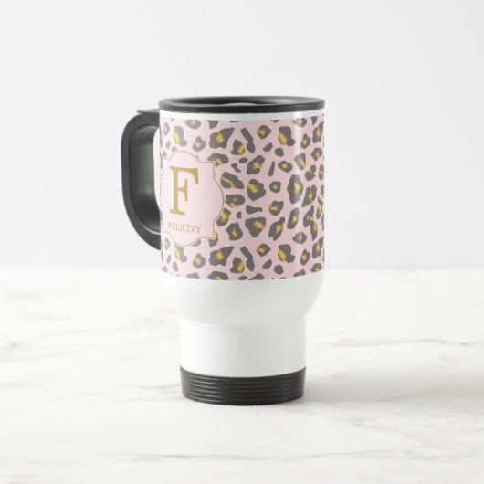 Modern Trendy Pink Gold Leopard Pattern Monogram Reisbeker (Voorkant links)