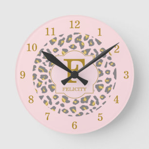 Modern Trendy Pink Gold Leopard Pattern Monogram Ronde Klok