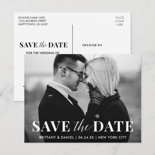 Modern Trendy Save the Date Black and White Photo Briefkaart (Voorkant / Achterkant)