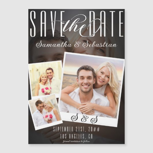 Modern Trendy Script 3 Foto Bruiloft Save The Date Magnetische Uitnodiging (Voorkant)