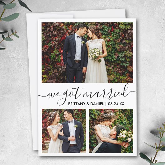 Modern Trendy Script 3 Foto we zijn getrouwd Aankondiging
