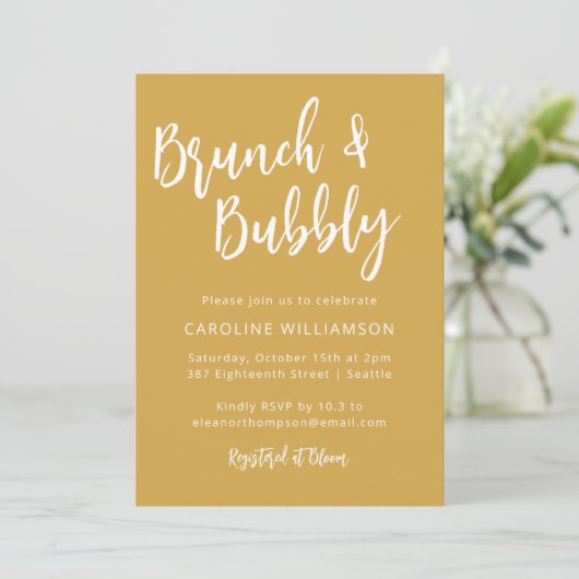Modern Trendy Script Brunch Bubely Shower Yellow Kaart (Staand voorkant)