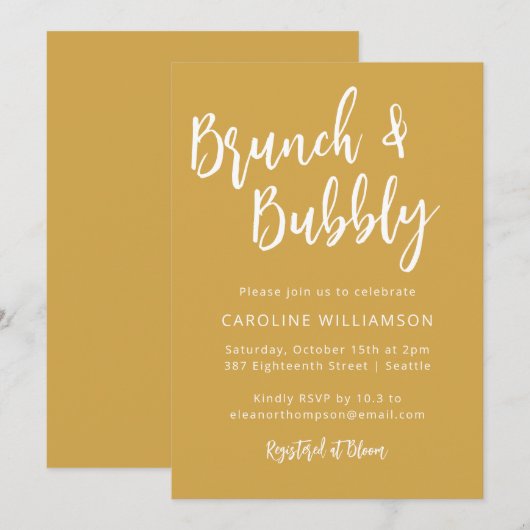 Modern Trendy Script Brunch Bubely Shower Yellow Kaart (Voorkant / Achterkant)